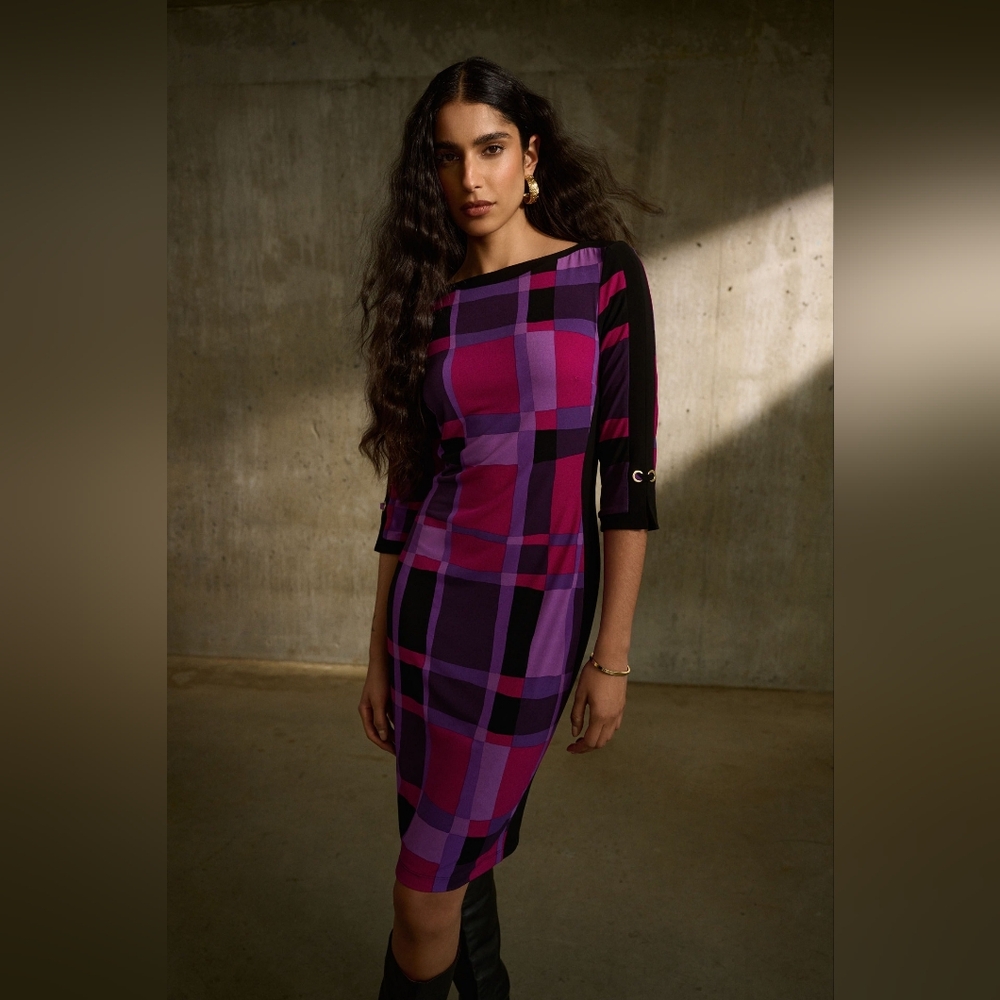 NWT Joseph Ribkoff Purple/Black Plaid Print Sheath Dress Style 243301